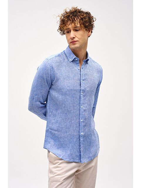 igs Koyu Mavi Dynamic Fit Düğmeli Yaka Düz Uzun Kollu Cepsiz %100 Keten Gömlek - S000490113-17234