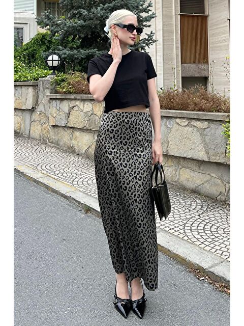 Madmext Yeşil Leopar Desenli Midi Boy Saten Etek Mg2079 - S000185541-18194