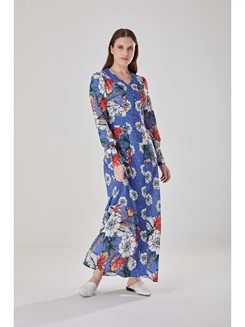 Mizalle V Yaka Desenli Uzun Elbise - S000350731-23173