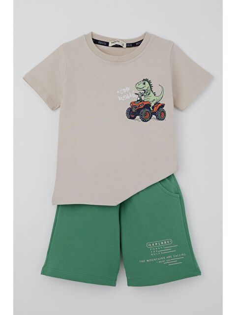 Breeze Erkek Çocuk Şortlu Takım Havalı Atv Sürücü Dino Sırt Baskı Detaylı Bej (3-8 Yaş)
