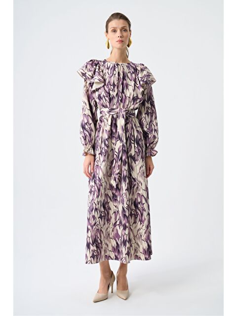 Mizalle Kolu Fırfırlı Elips Mürdüm Elbise - S000350736-20036