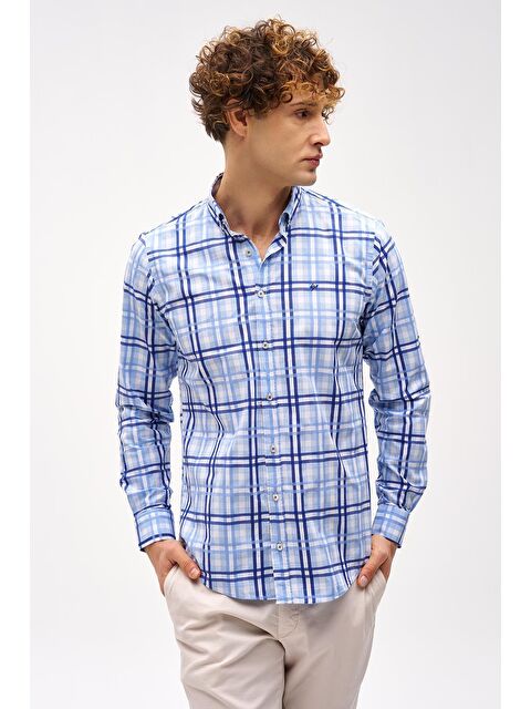 igs Mavi Dynamic Fit  Düğmeli Yaka Ekose Uzun Kollu Cepsiz %100 Pamuk Gömlek - S000525545-17234