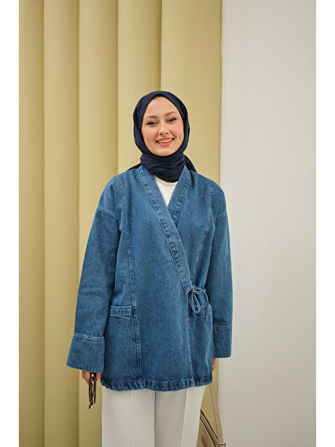 Locco Moda Kadın Yandan Bağlamalı Jean Kimono Buz Mavi - S000513646-3053