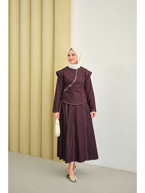 Locco Moda Kadın Çapraz Fermuar Detaylı Dikiş Detay Etekli Takım Mor - S000513647-20042