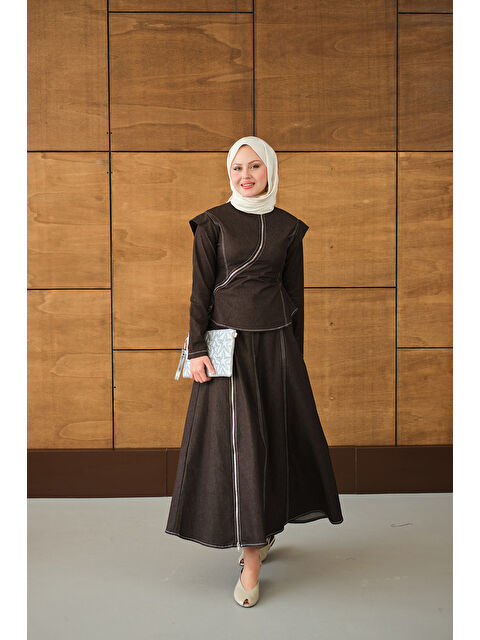 Locco Moda Kadın Çapraz Fermuar Detaylı Dikiş Detay Etekli Takım Kahverengi - S000513647-19413