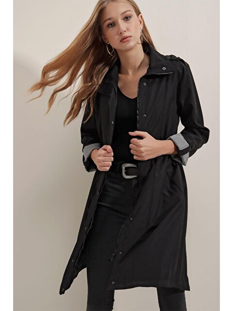 Bigdart 5808 Bel Bağlamalı Trençkot - Siyah - S000130254-19351