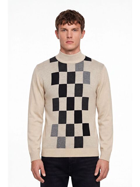 Sabri Özel Erkek Bej Normal Kesim Regular Fit Yünlü Dokuma Desenli Triko Kazak