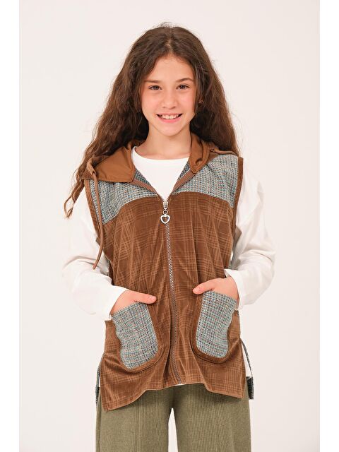 Jazzi·ee Genç Kız Çocuk Tüvit Cep Detaylı Kapüşonlu Yelek   Kahve - S000315640-19413