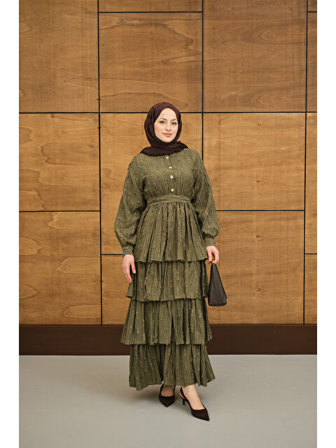 Locco Moda Kadın Fisto Volanlı Kemer Detay Elbise Yeşil - S000513593-18194