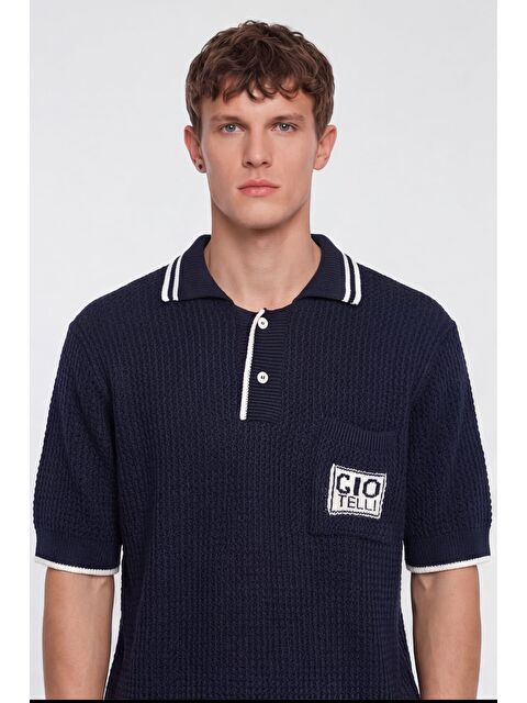 Sabri Özel Giotelli Erkek Lacivert Normal Kesim Regular Fit %100 Pamuk Düğmeli Polo Yaka Triko Kazak