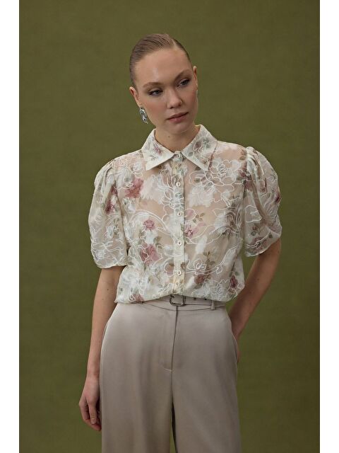 SATEEN Nakışlı Kısa Kollu Gömlek - Pudra - S000513648-7152
