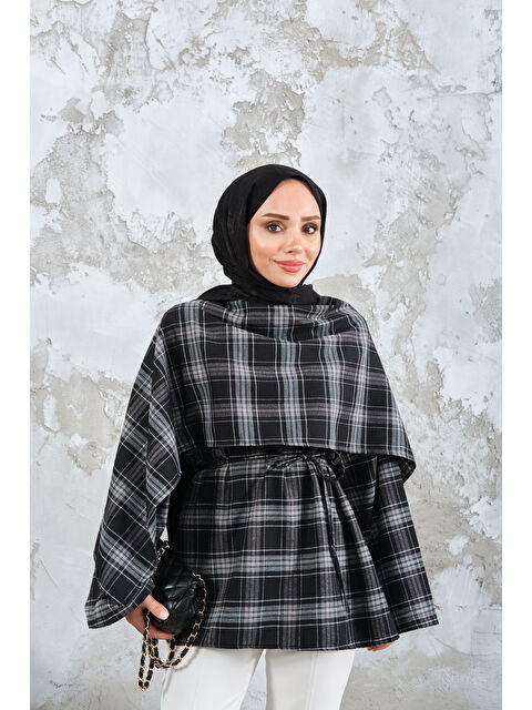 Locco Moda Kadın Ekose Desen Bel Bağlamalı Düğme Detay Panço Siyah - S000510102-19351