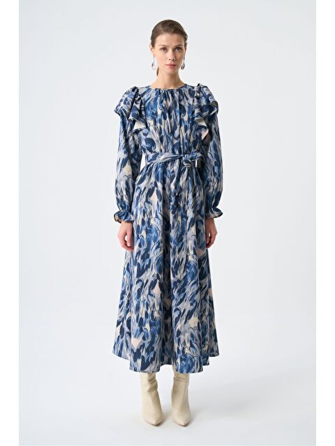 Mizalle Kolu Fırfırlı Elips Mavi Elbise - S000350736-17234