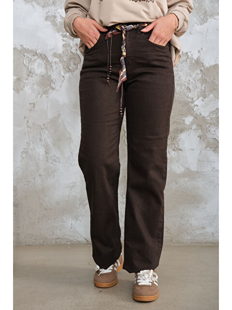 Locco Moda Kadın Boru Paça Fularlı Pantolon Kahverengi - S000510105-19413