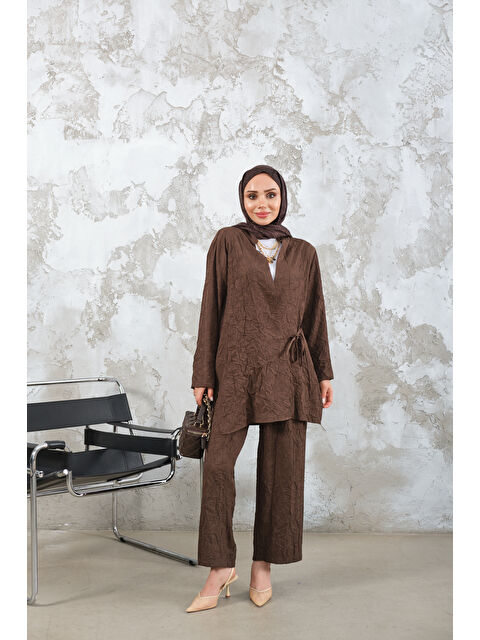 Locco Moda Kadın Kendinden Desenli Kimono Takım Kahverengi - S000510106-19413