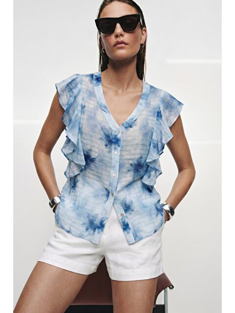 SATEEN Fırfır Detaylı Gömlek - Mavi