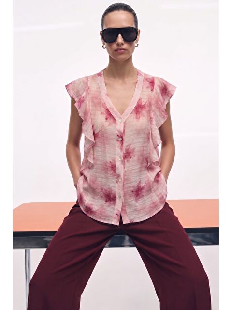 SATEEN Fırfır Detaylı Gömlek - Pembe