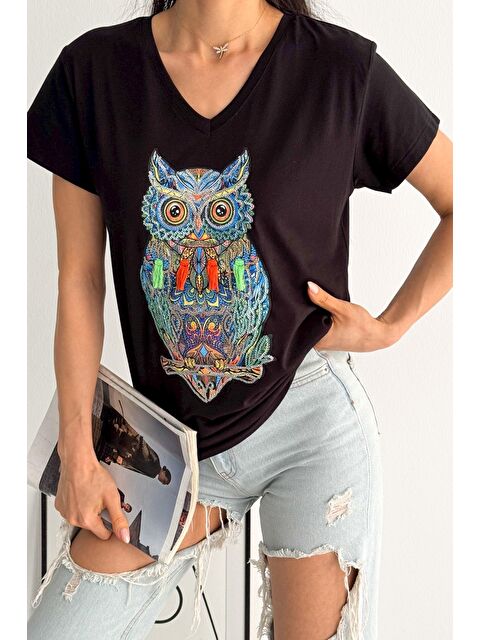 Chiccy Siyah V Yaka Kısa Kol Pul Payet Aplikeli Örme Regular Fit T-Shirt