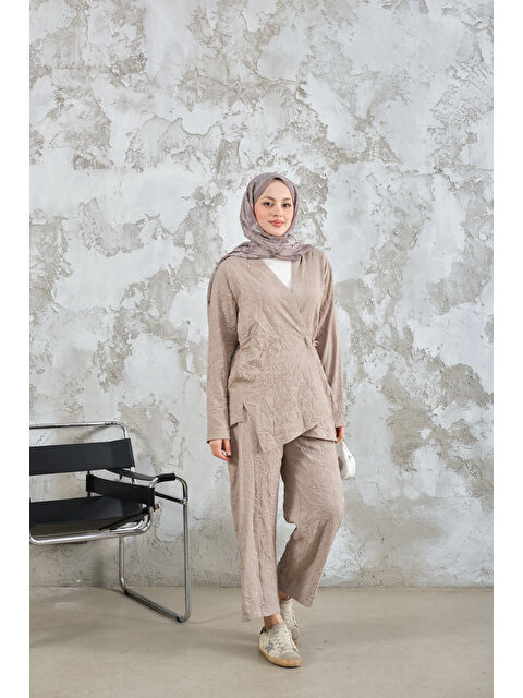 Locco Moda Kadın Kendinden Desenli Kimono Takım Taş