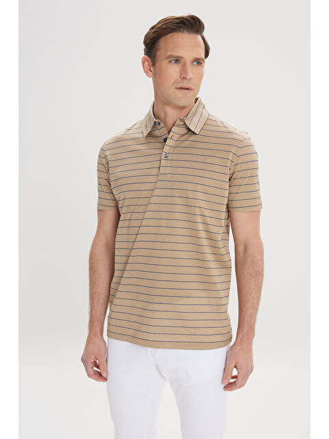 Altınyıldız Classics Erkek Vizon-Lacivert Regular Fit Rahat Kesim %100 Pamuk Çizgili Polo Yaka Tişört