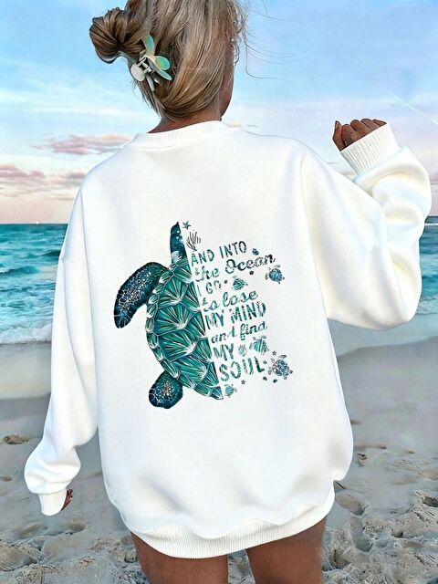 Trendseninle Kadın Beyaz Caretta Baksılı Oversize Kalıp Bisiklet Yaka Sweatshirt - S000484742-20063