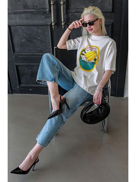 Madmext Ekru %100 Pamuklu Baskılı Kadın Tişört Mg2382 - S000440064-19965