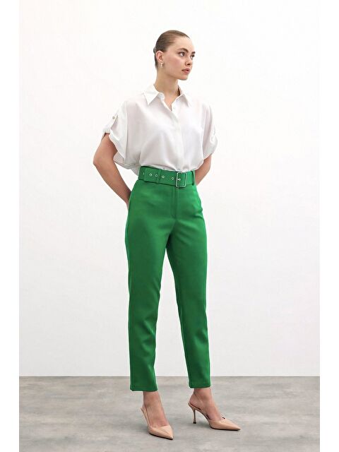 SATEEN Yüksek Bel Kemerli Pantolon - Koyu Yeşil - S000323736-19416