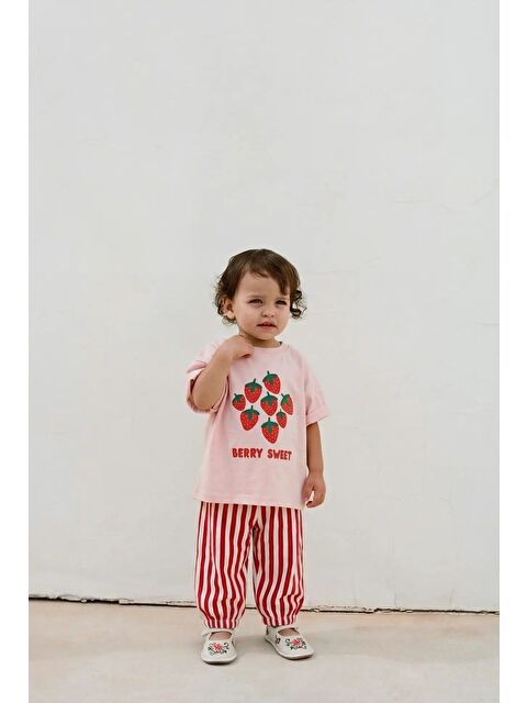 Magu Kız Bebek Pamuklu Pembe Çilek Baskılı Tişört Eşofman Takım