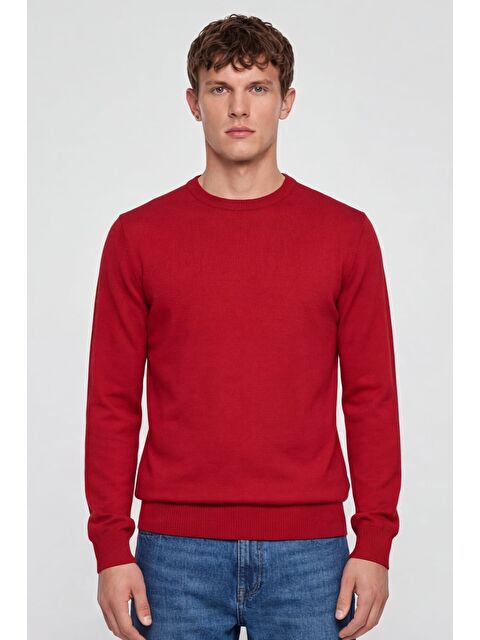 Sabri Özel Erkek Kırmızı Normal Kesim Regular Fit Yünlü Bisiklet Yaka Triko Kazak