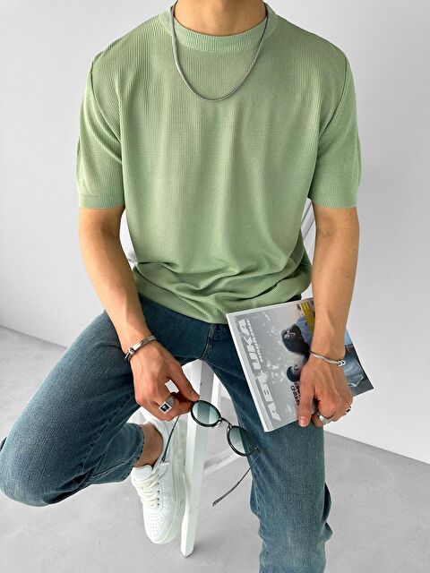 Abluka Online Erkek Regular Fit Bisiklet Yaka Esnek Triko Tişört Açık Yeşil - S000144610-29488