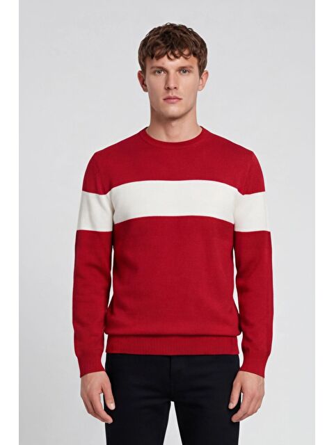 Sabri Özel Erkek Kırmızı Normal Kesim Regular Fit Yünlü Dokuma Çizgi Detay Bisiklet Yaka Triko Kazak