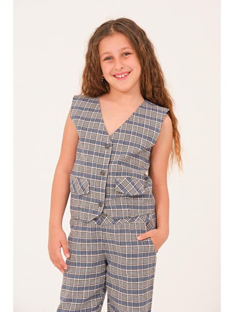 JAZZİEE Genç Kız Çocuk Ekose Desen Yelek - Mavi - S000315643-17234