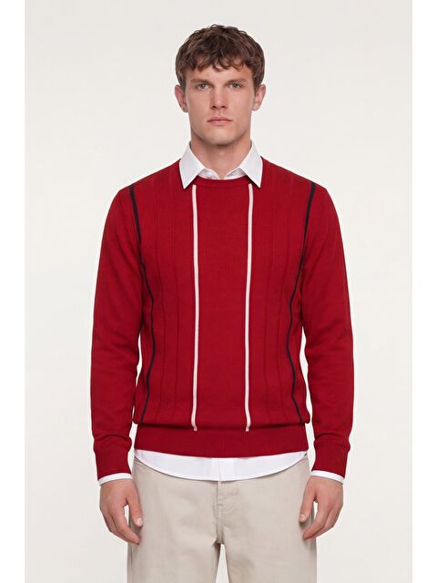 Sabri Özel Erkek Kırmızı Normal Kesim Regular Fit Yünlü Dokuma Çizgi Desen Bisiklet Yaka Triko Kazak