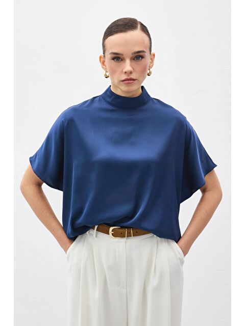 SATEEN Yarasa Kol Salaş Bluz - İndigo