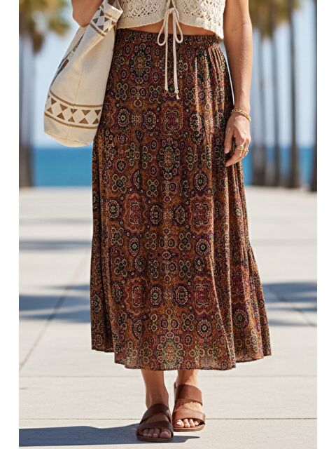 Chiccy Kiremit Rengi Etnik Desenli Allover Baskılı Lastikli Bel Casual Uzun Dokuma Etek 95 60 - S000486586-18657