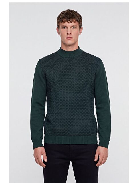 Sabri Özel Erkek Yeşil Normal Kesim Regular Fit Yünlü Dokuma Desenli Triko Kazak