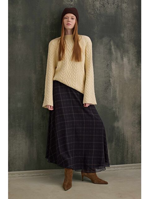 HE-QA Şifon Ekose Etek Haki - S000508091-18547