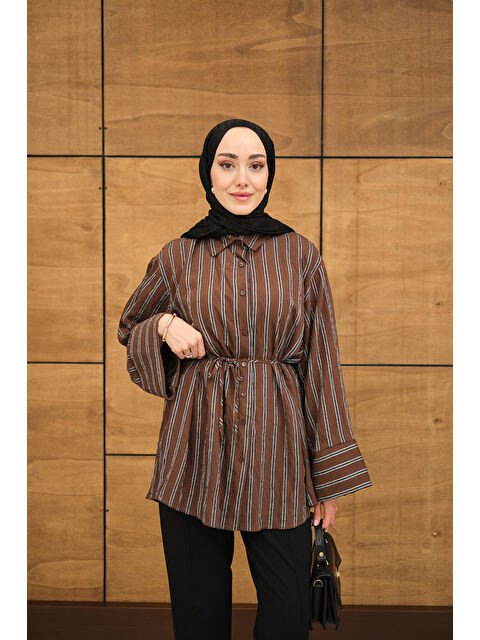 Locco Moda Kadın Kalın Çizgili Desenli Bel Bağlamalı Şifon Gömlek Kahverengi - S000513639-19413