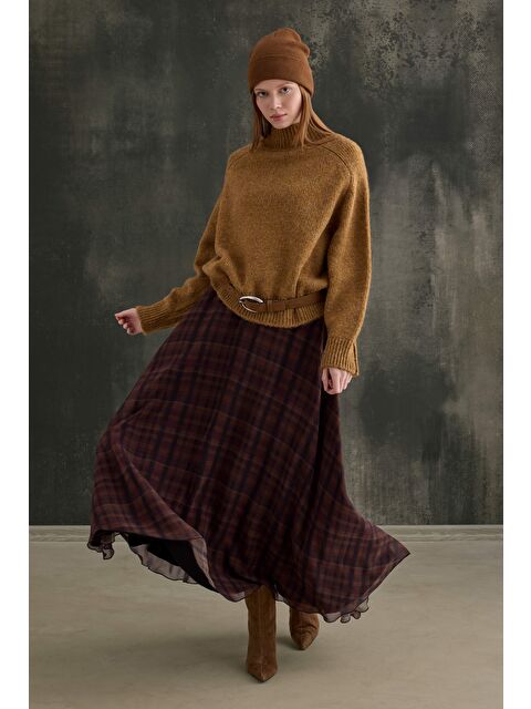 HE-QA Şifon Ekose Etek Camel - S000508091-4557