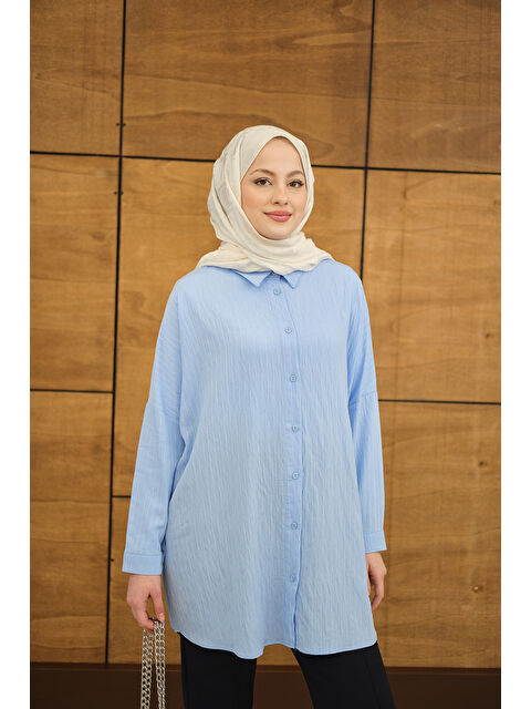 Locco Moda Kadın Kendinden Desenli Mila Gömlek Mavi - S000513579-17234