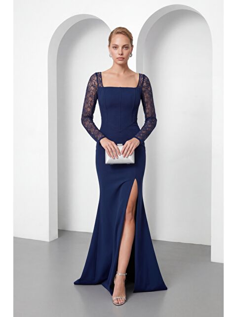 Lafaba Kadın Lacivert Kare Yaka Dantelli Uzun Balık Abiye Elbise