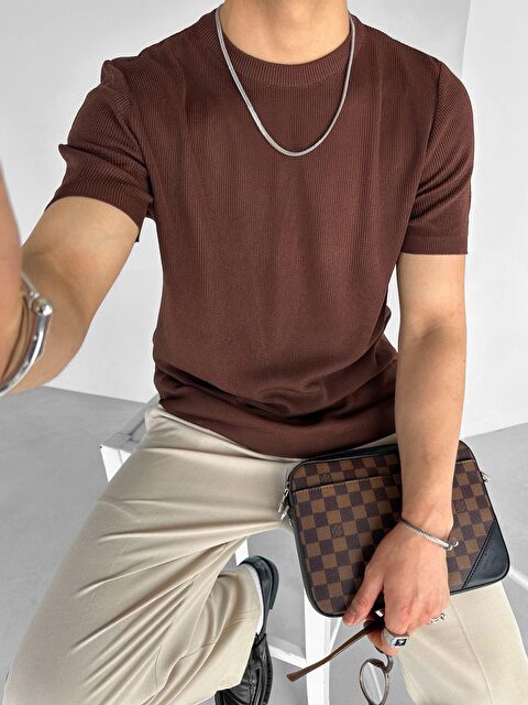 Abluka Online Erkek Regular Fit Bisiklet Yaka Esnek Triko Tişört Kahve - S000144610-19413