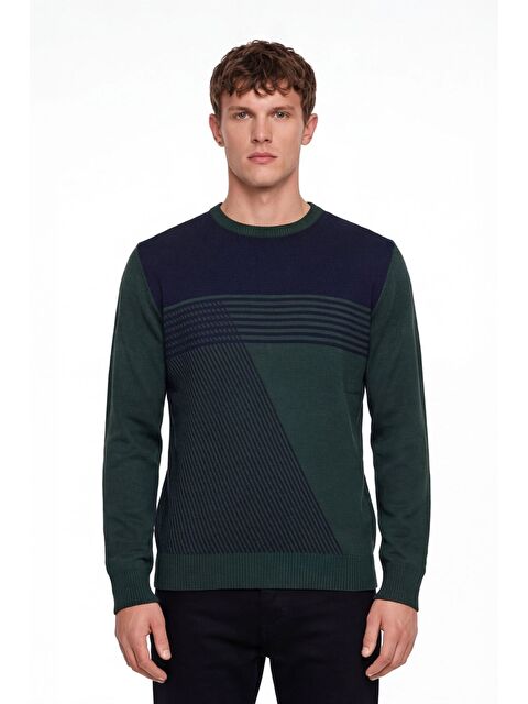 Sabri Özel Erkek Yeşil Normal Kesim Regular Fit Yünlü Desenli Bisiklet Yaka Triko Kazak