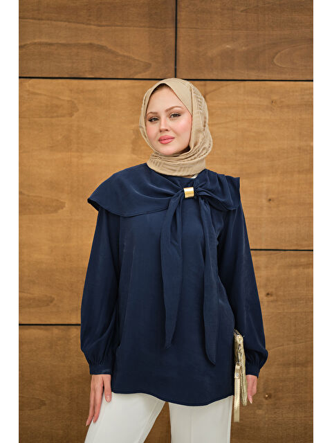 Locco Moda Kadın Fular Yaka Cupra Gömlek Lacivert - S000513585-21164