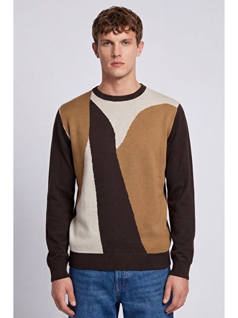 Sabri Özel Erkek Kahve Normal Kesim Regular Fit Yünlü  Desenli Bisiklet Yaka Triko Kazak