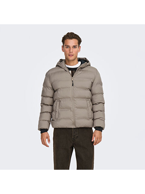 Only&Sons Union Seamless Life Puffer Erkek Bej Kapüşonlu Şişme Mont - S000486913-19928