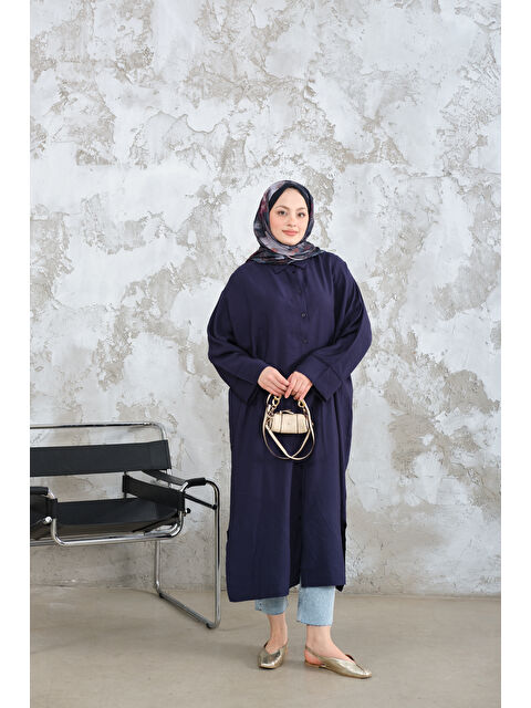 Locco Moda Kadın Gömlek Yaka Düğmeli Elbise Lacivert - S000510125-21164