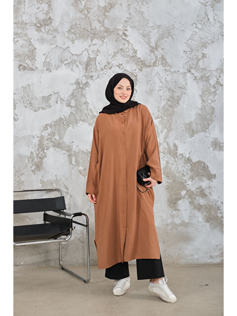 Locco Moda Kadın Gömlek Yaka Düğmeli Elbise Camel - S000510125-4557