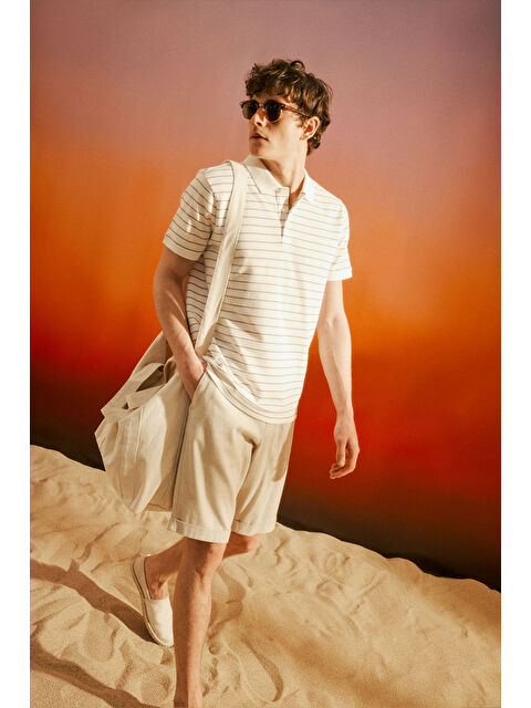 Altınyıldız Classics Erkek Beyaz-Vizon Pamuklu Slim Fit Dar Kesim Polo Yaka Tişört