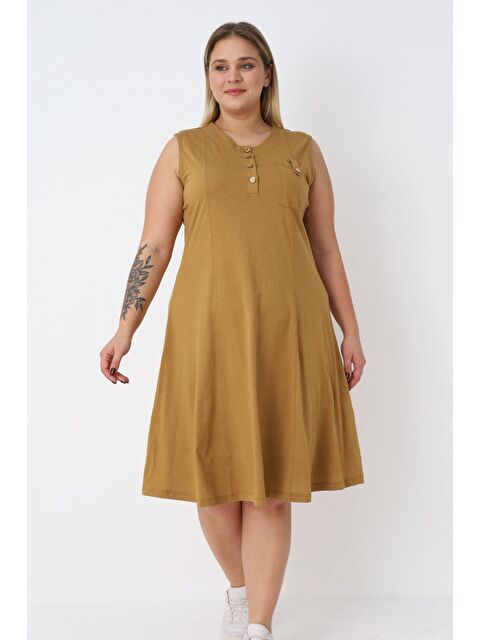 Intensive Kadın Büyük Beden Düğmeli Askılı Pamuklu Elbise